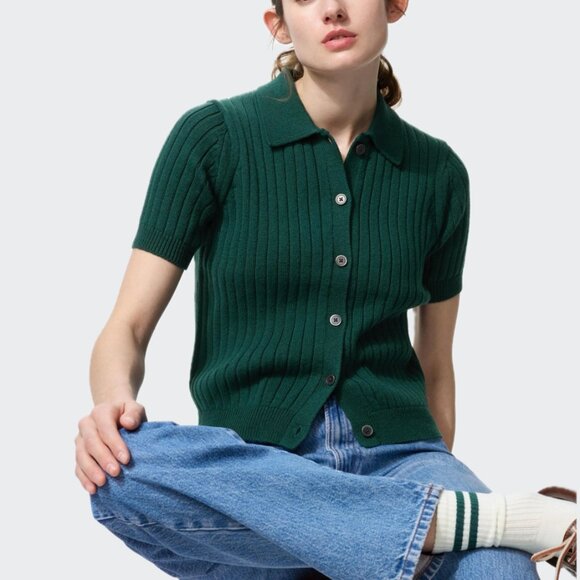 UNIQLO Ribbed Sweater-Knit Polo Short-Sleeve Button-Up Cardigan (Green) - Picture 2 of 16